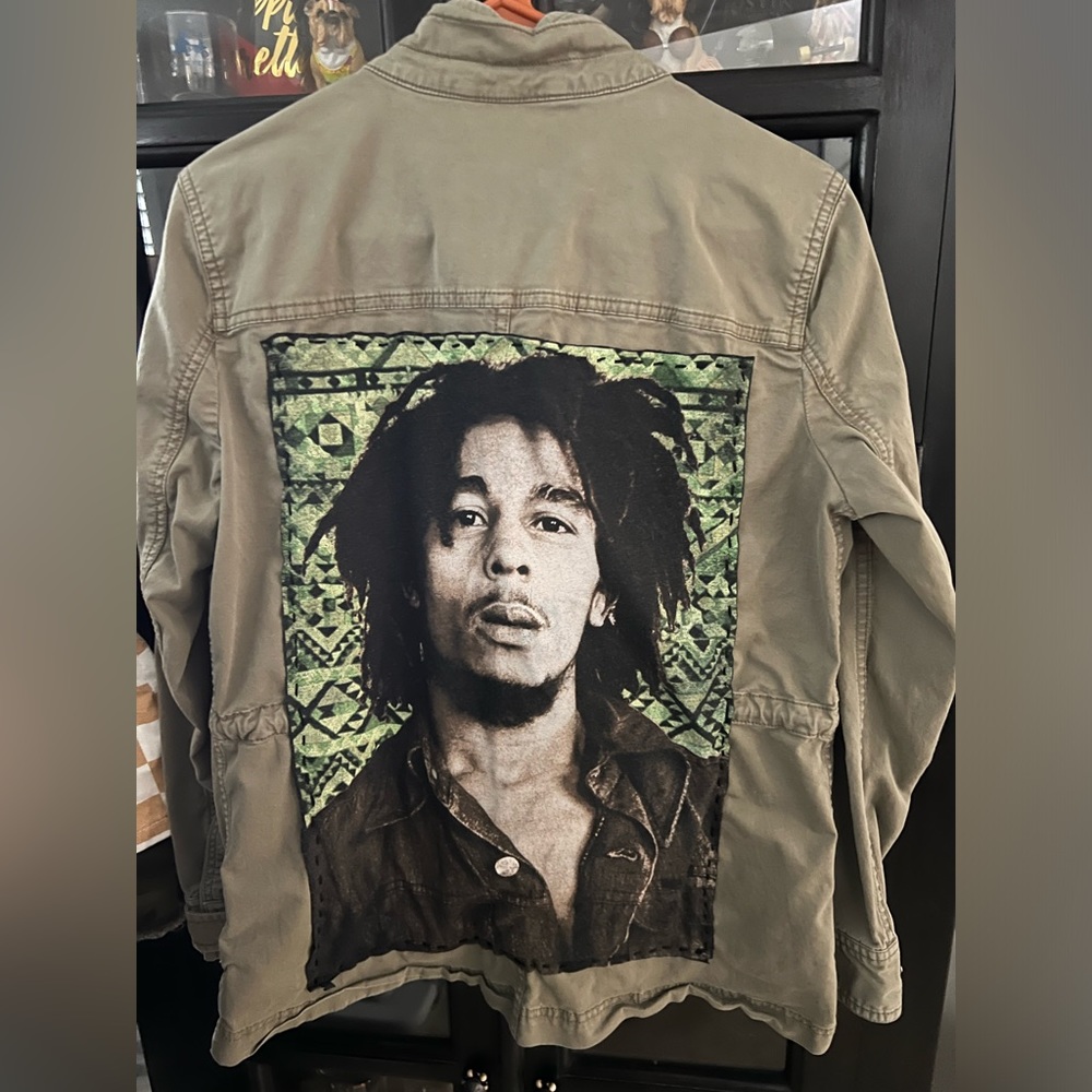 One of a kind upcycled Utility jacket with Bob Marley print.